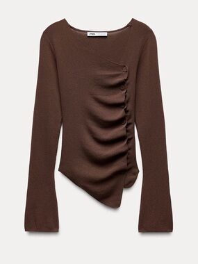 ZARA Dark Brown Asymmetric Ruched Long-Sleeve Top